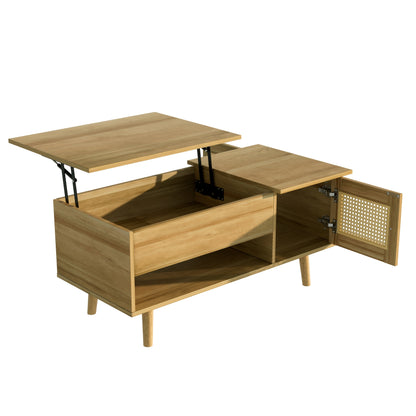 Salontafel – Koffietafel – Bijzettafel – Woonkamertafel – Tafeltje – Lift-Top Met Rieten Deuren – Massief Hout & Spaanplaat – Eenvoudige Montage