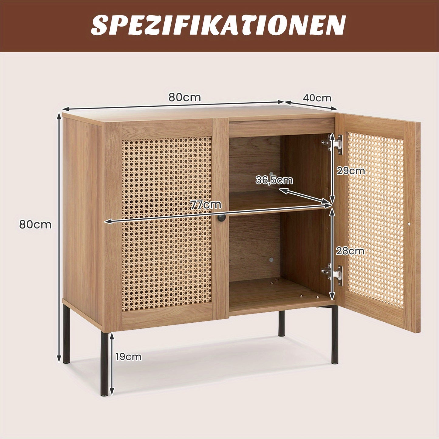 Dressoirkast Industrieel – Sideboard – Kast – Opbergkast – Buffetkast – Rattan Deuren – Verstelbare Plank – 80x40x80 cm – Met Metaal, PVC Rattan en MDF Eikenlook