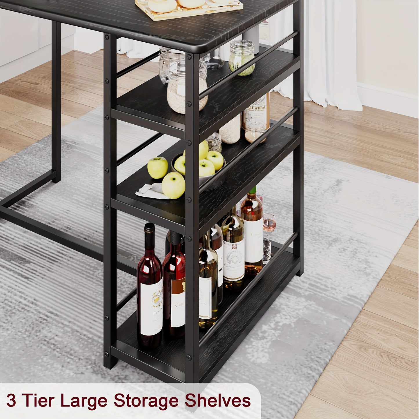 Bar Table Set with 2 Stools - Heavy-Duty Metal MDF Construction, Space-Saving Kitchen Dining Table with 3 Shelves, Sturdy Legs & Non-Slip Floor - Compact for Small, Apartment, Home, Restaurant - Easy Assembly, Modern Farmhous