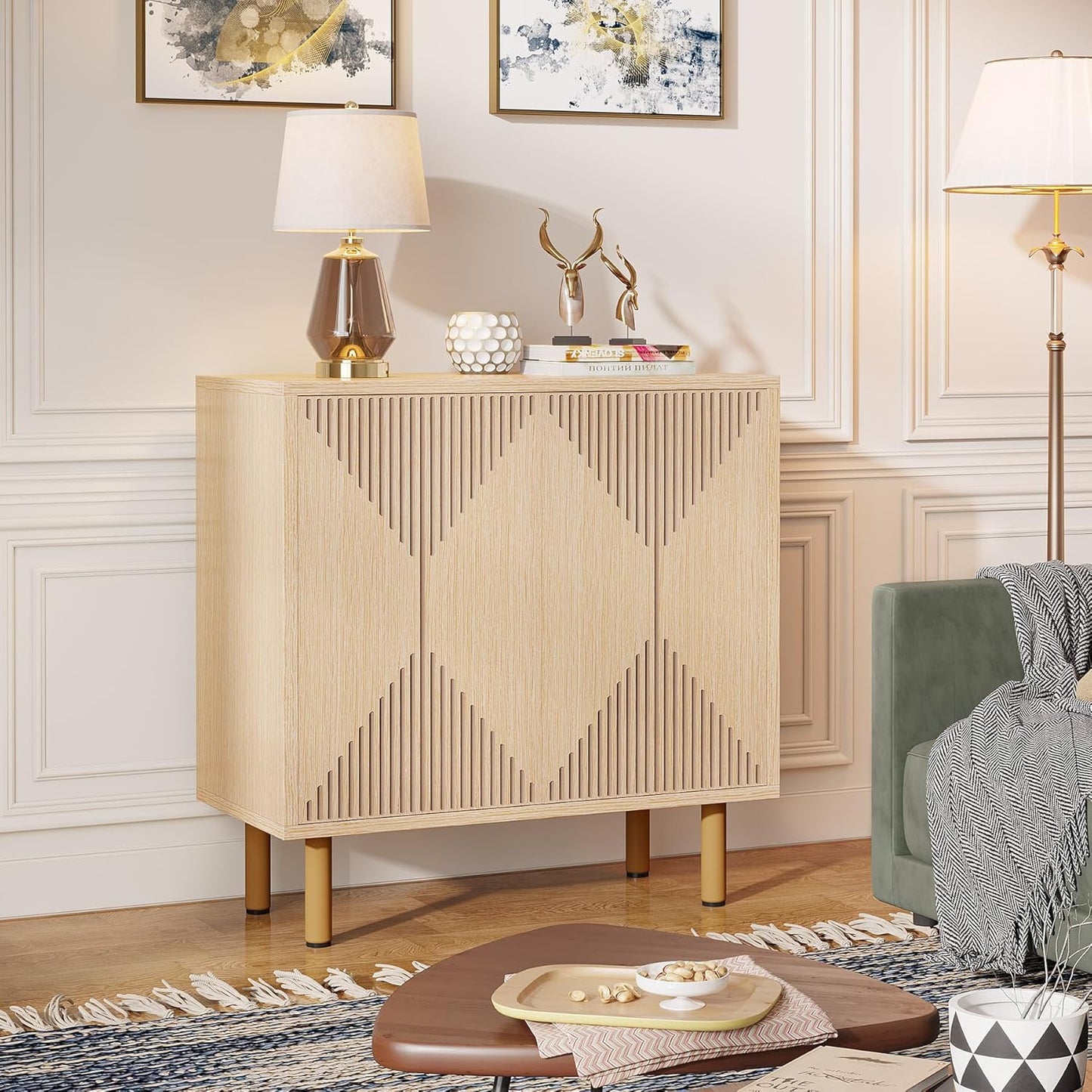 Opbergkast – Vloerkast – Dressoir – Buffetkast – Kast Met Deuren – Natuurlijk Houtlook – Stevige Metalen Poten – Anti-Kantelbeveiliging