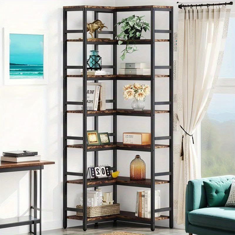 Hoekboekenkast – Smalle Boekenkast – Kleine Boekenkast – Boekenkast – Opbergkast – 7 Metalen Planken – Industrieel Design – 60x60x200 cm – Rustiek Bruin Zwart