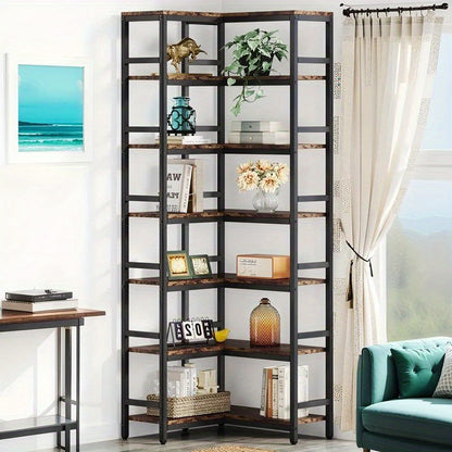 Hoekboekenkast – Smalle Boekenkast – Kleine Boekenkast – Boekenkast – Opbergkast – 7 Metalen Planken – Industrieel Design – 60x60x200 cm – Rustiek Bruin Zwart
