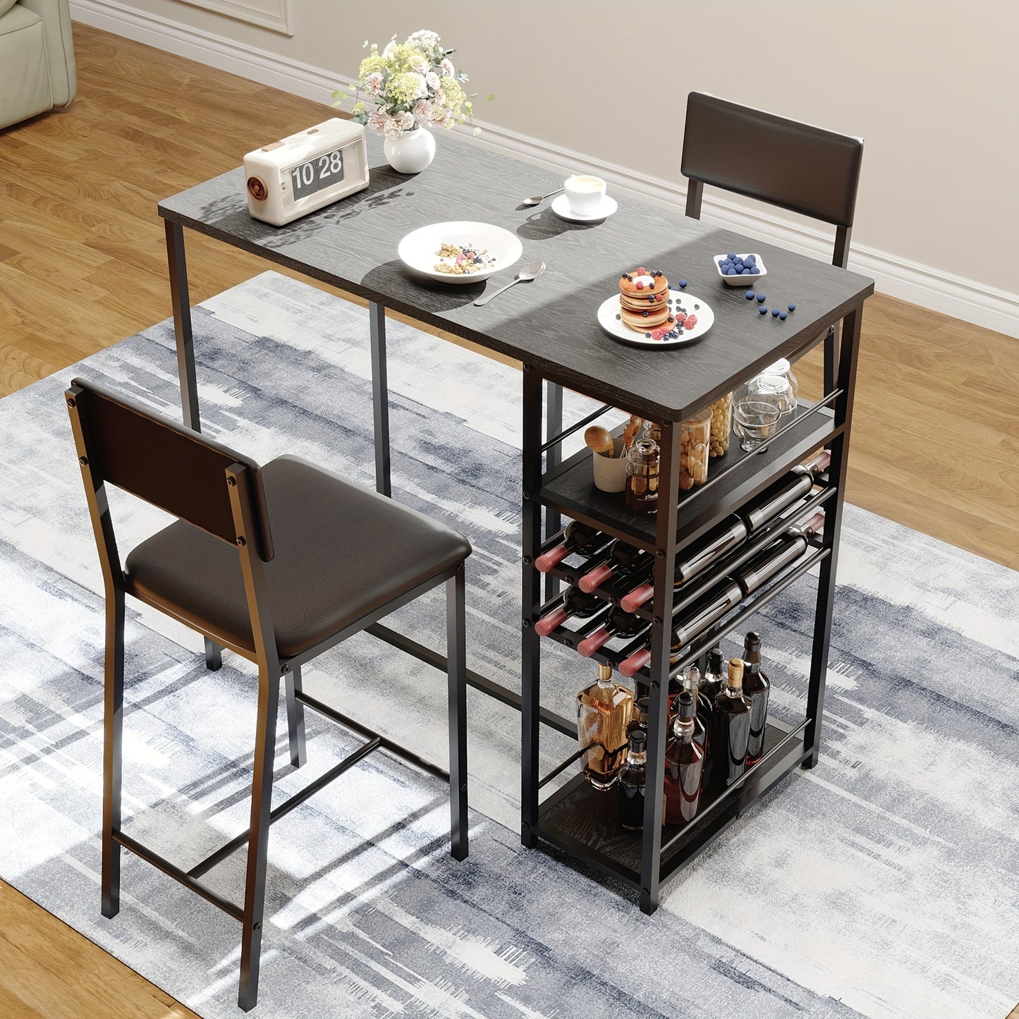 Compact Dining Table Set with 2 Upholstered Chairs - Space-Saving Kitchen Table and Chairs, Sturdy Metal Frame, for Small Apartments, Home, Cafe - Modern Minimalist Dining Room Furniture in Matte Black Finish, Dining Table wi
