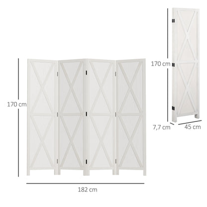 Kamerscherm – Room Divider – Ruimteverdeler – Scheidingswand – 4-Panels Scherm – Wit Paulowniahout – 182x170 cm – Inklapbaar en Stabiel