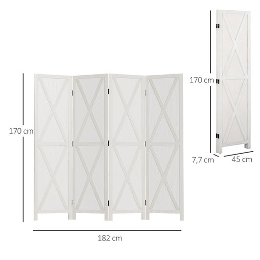 Kamerscherm – Room Divider – Ruimteverdeler – Scheidingswand – 4-Panels Scherm – Wit Paulowniahout – 182x170 cm – Inklapbaar en Stabiel