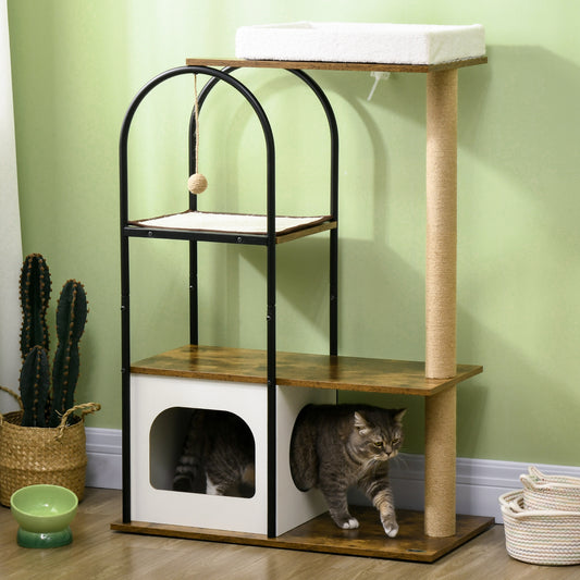 Krabpaal – Kattenboom – Krabmeubel – Kattenhuis – Kattentoren – 4 Verdiepingen – Speelbal – Valbeveiliging – 80x40x118,5 cm – Bruin/Wit