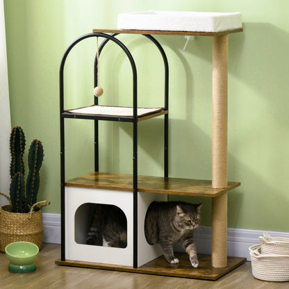 Krabpaal – Kattenkrabpaal – Kattenboom – Kattenhuis – Krabmeubel – 4 Verdiepingen – Speelbal en Kippbescherming – 80 x 40 x 118,5 cm – Bruin/Wit