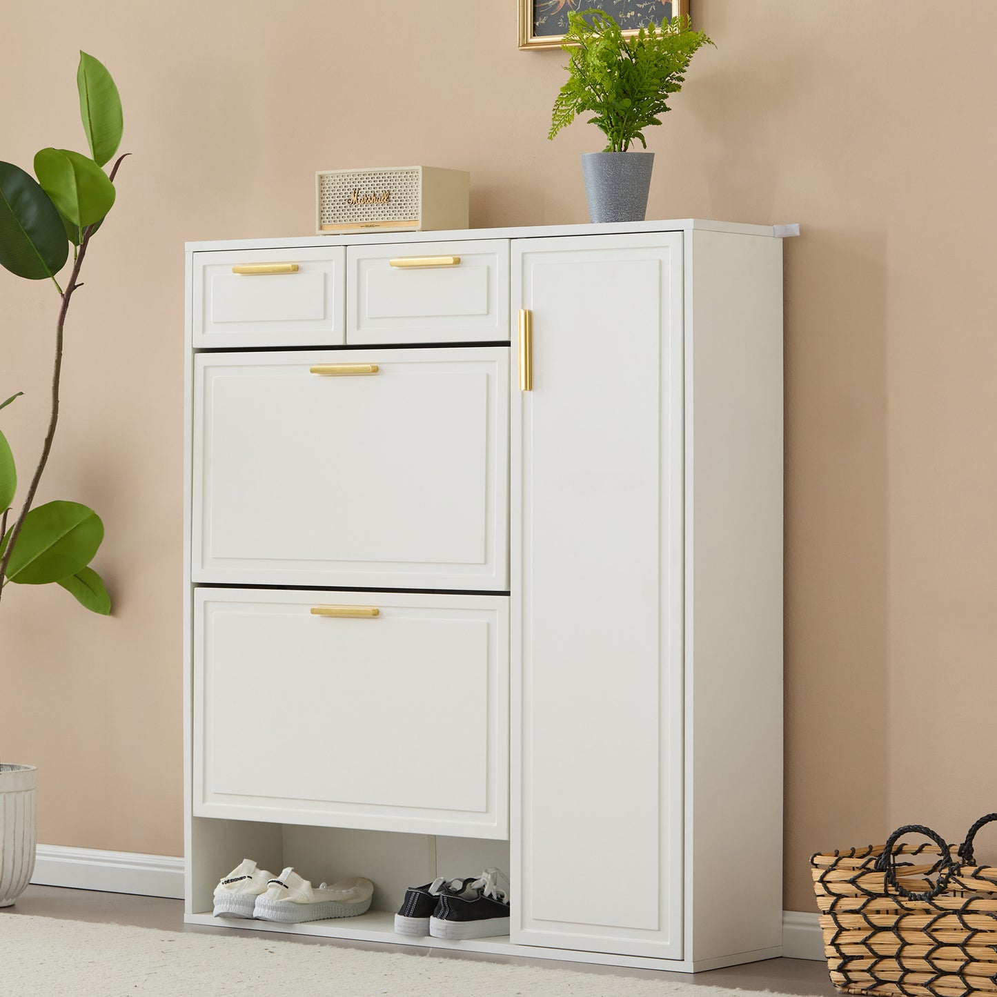 Schoenenkast – Schoenenrek – Schoenopberger – Schoenenkastje – Schoenmeubel – Wit Met Gouden Handgrepen – Verstelbare Planken – Twee Laden