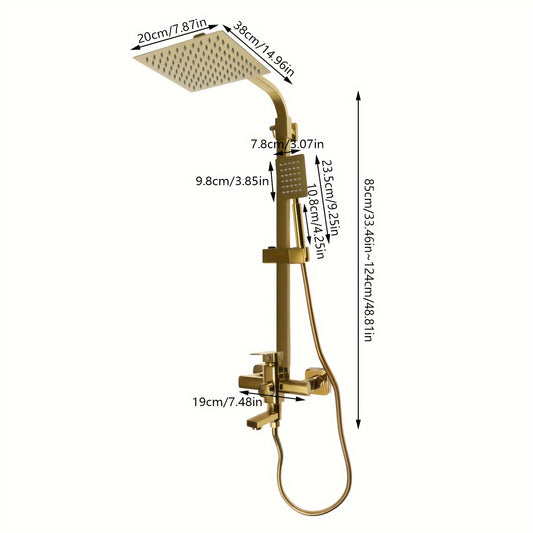 Doucheset – Douche Set – Complete Douche Set – Regendouche Set – Handdouche Set – Luxe Gouden Messing – 20x20 cm Regenval Topdouche – Verstelbare Hoogte 85-124 cm