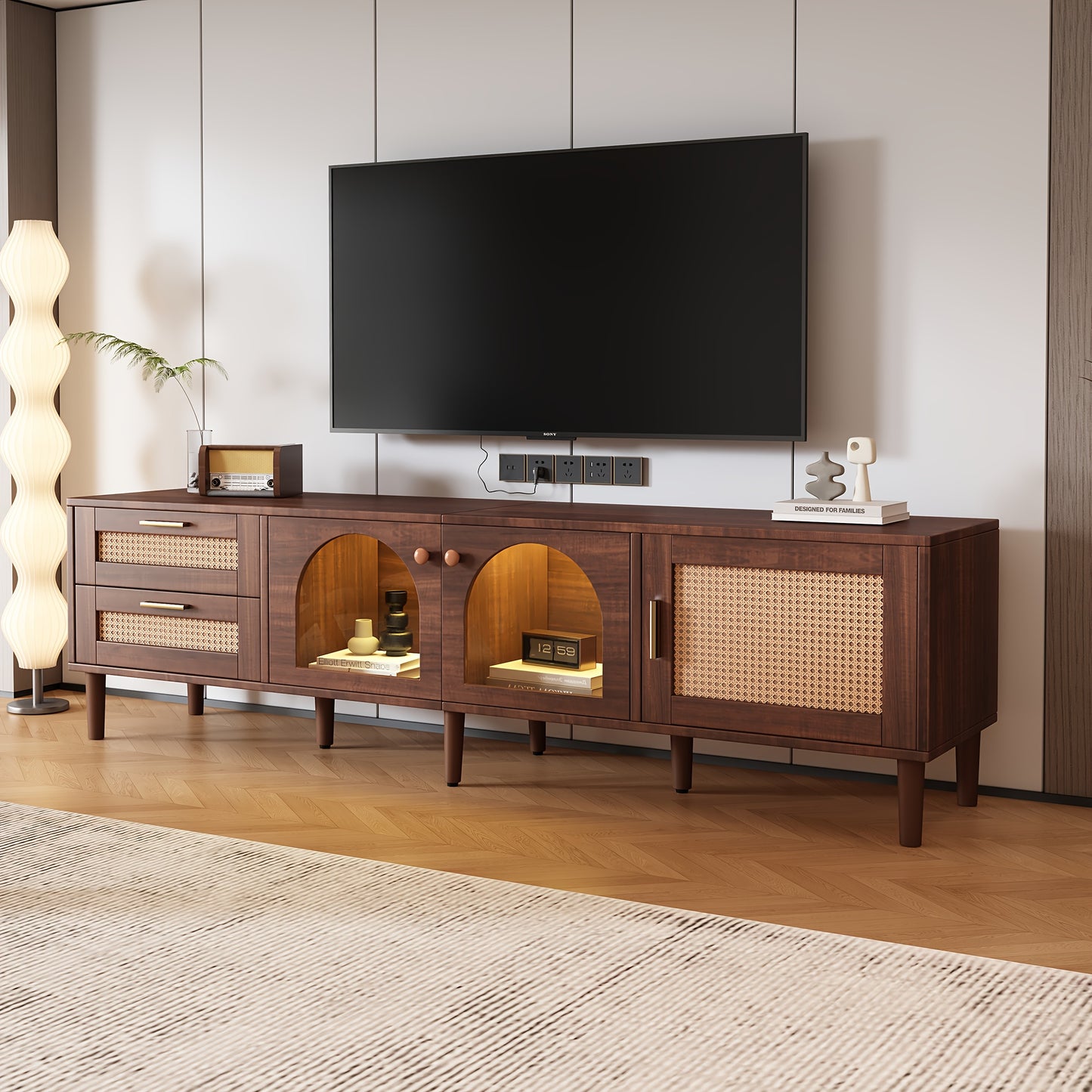 Tv-kast – Tv-meubel – Mediameubel – Tv-console – Bruin – Gebogen Glazen Deuren – Rattan Lades – 203,2 cm Breed – Geen Montage Nodig