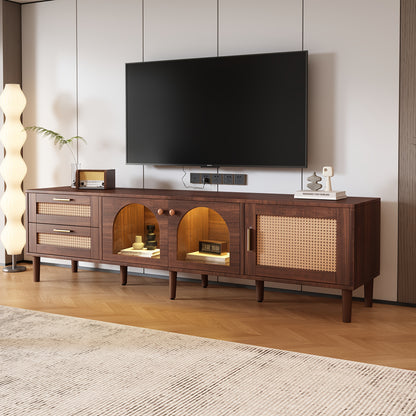 Tv-kast – Tv-meubel – Mediameubel – Tv-console – Bruin – Gebogen Glazen Deuren – Rattan Lades – 203,2 cm Breed – Geen Montage Nodig