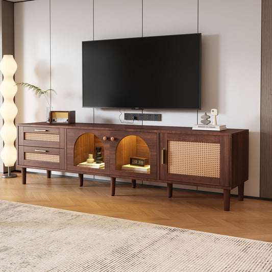 Tv-kast – Tv-meubel – Mediameubel – Tv-console – Bruin – Gebogen Glazen Deuren – Rattan Lades – 203,2 cm Breed – Geen Montage Nodig