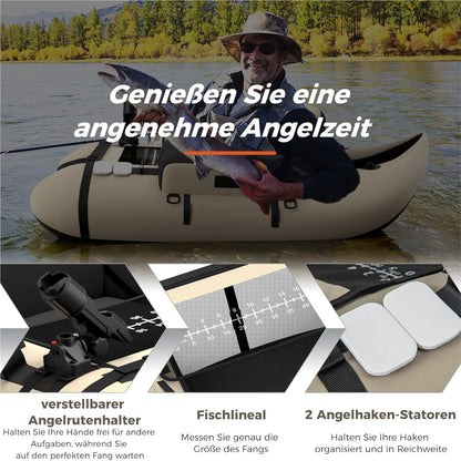 Opblaasbare Visboot – Belly Boat – Vissersboot – Inflatable Kano – Vlot Voor Volwassenen – Inclusief Pomp en Peddels – 150 kg Draagvermogen – Verstelbare Rugleuning – Beige – 135 x 109 x 54 cm
