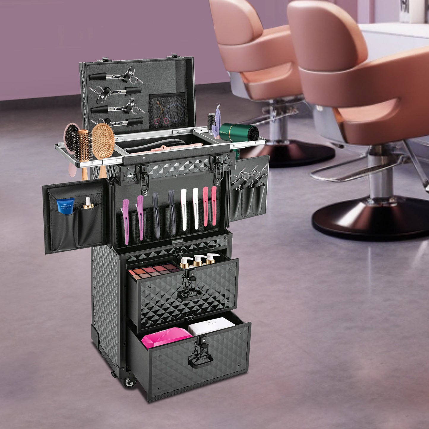 Make-up Koffer – Make-up Trolley – Cosmetica Organizer – Make-up Case – Make-up Trolley Op Wielen – 4 Lagen Indeling – Duurzaam Aluminium Zwart