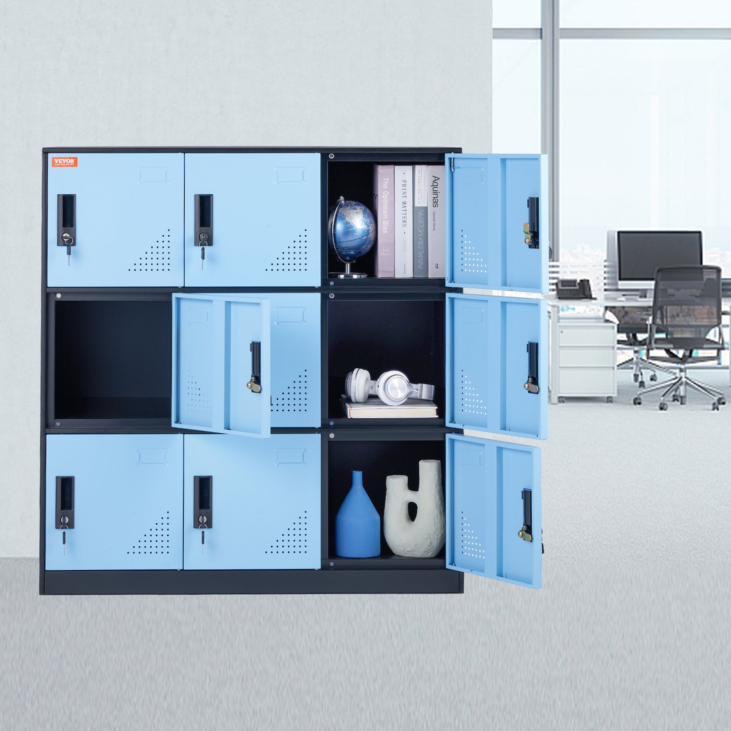 Lockerkast – Opbergkast – Kledingkast – Metalen Kast – Lockers – 9 Deuren Met Slot – Robuust Stalen Design 90x45x94 cm - Zwart-Blauw