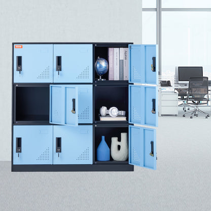 Lockerkast – Opbergkast – Kledingkast – Metalen Kast – Lockers – 9 Deuren Met Slot – Robuust Stalen Design 90x45x94 cm - Zwart-Blauw