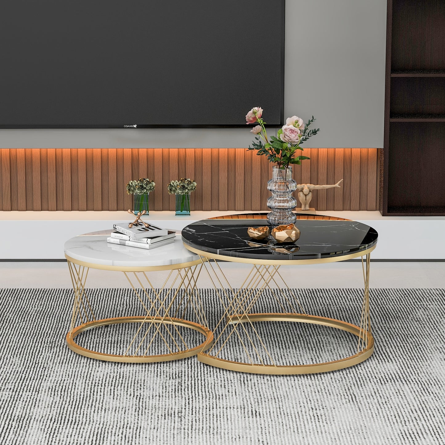 Salontafel – Bijzettafel – Koffietafel – Woonkamertafel – Nesting Set – Rond Marmerfineer – Gouden Metalen Frame – Ruimtebesparend Design – Eenvoudige Montage