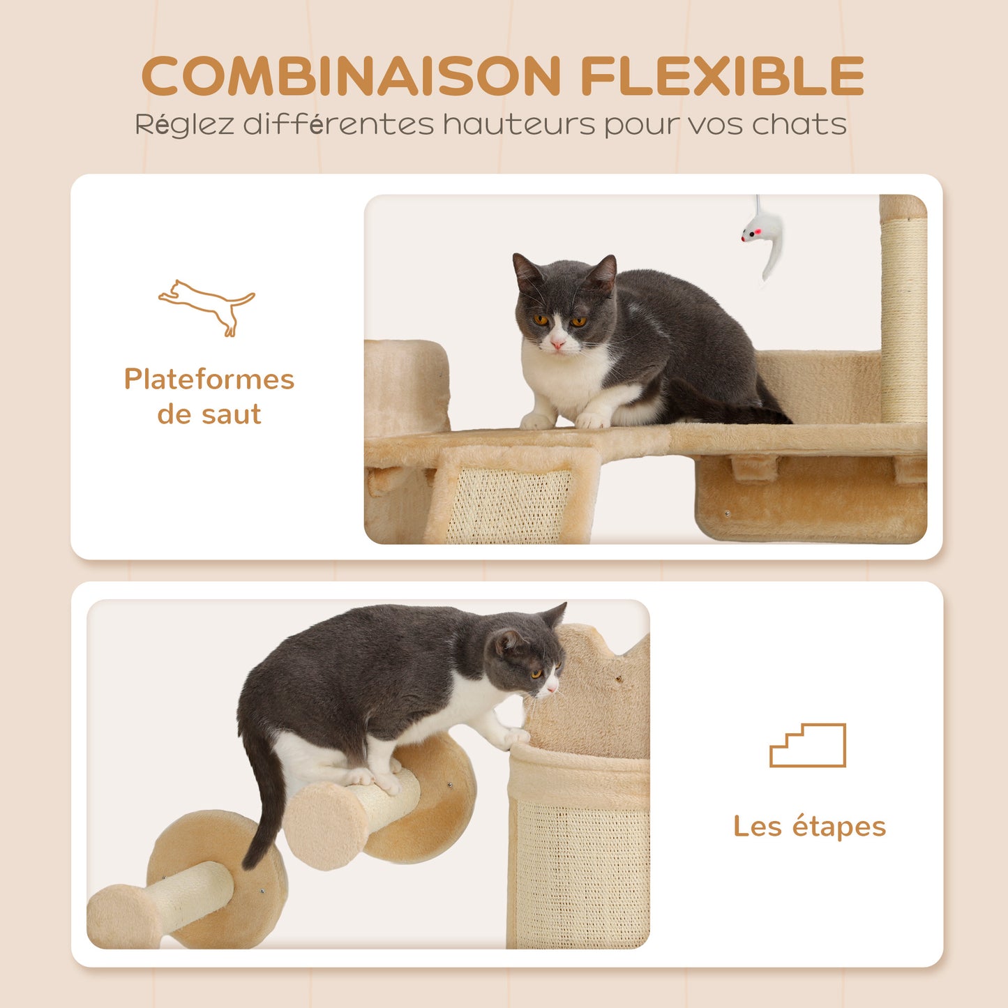 Wandrek Kat – Kattenmeubel – Klimmeubel Kat – Krabpaal Wand – Speelmeubel Kat – Beige Kleur – Ruimtebesparend Ontwerp – Inclusief Krabpalen en Speelplatform