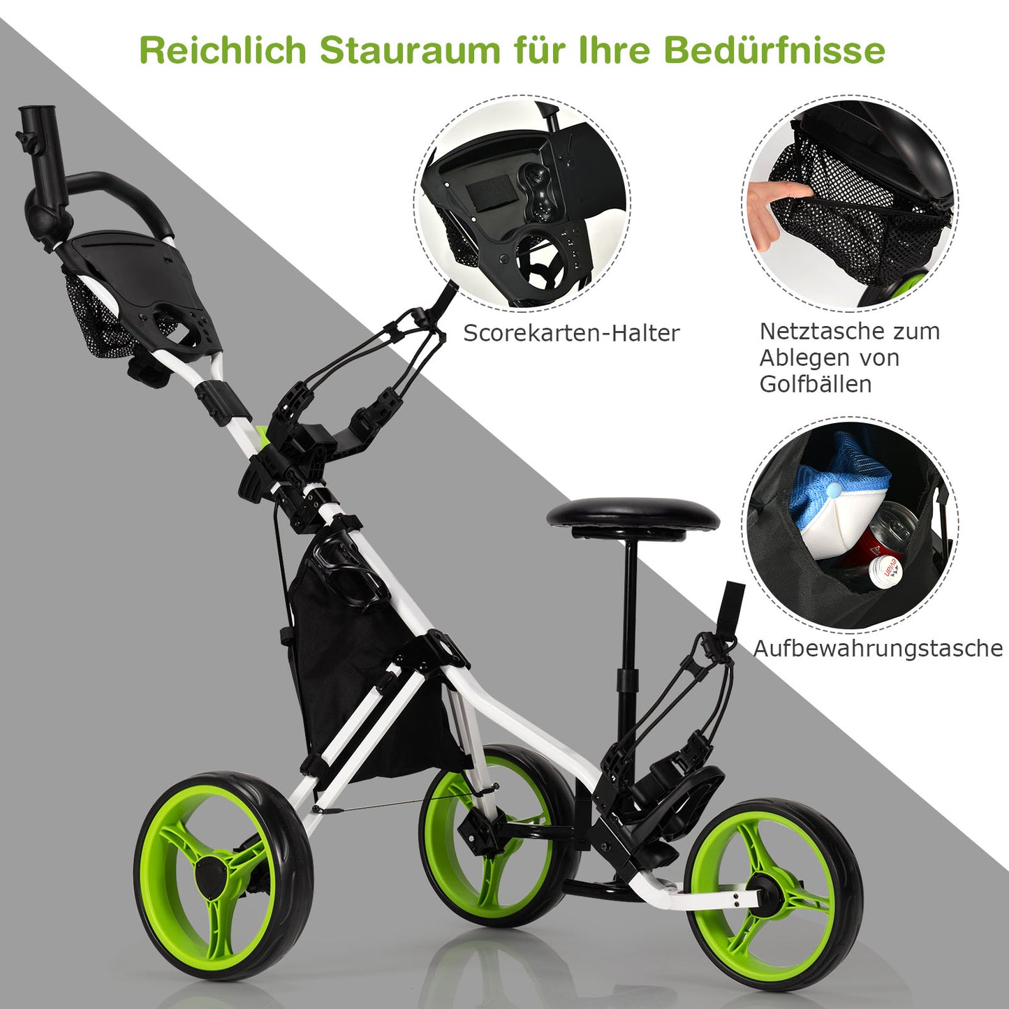 3 Wheel Golf Push Pull Cart, Foldable Lightweight Golf Bag Trolley with Adjustable Seat and Handle, Scorecard Holder, Umbrella Holder