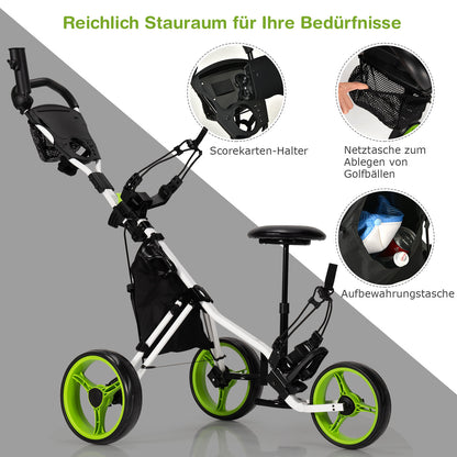 3 Wheel Golf Push Pull Cart, Foldable Lightweight Golf Bag Trolley with Adjustable Seat and Handle, Scorecard Holder, Umbrella Holder