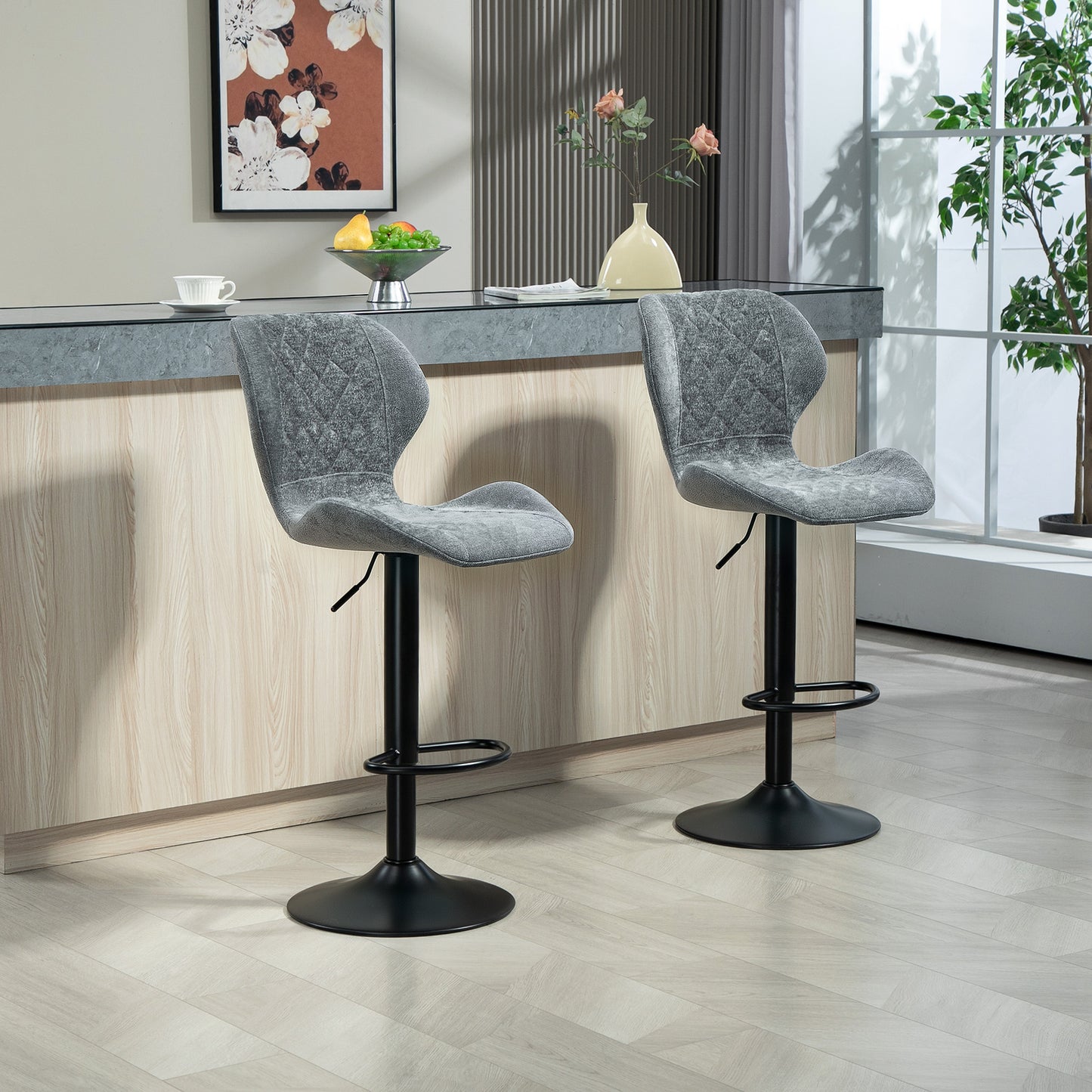 Barkrukken – Barstoelen – Keukenstoelen – Barkruk Sets – Hoge Stoelen – Verstelbaar in Hoogte – 360° Draaibaar – Met Rugleuning – Donkergrijs – Set van 2 – Stevige Voetsteun