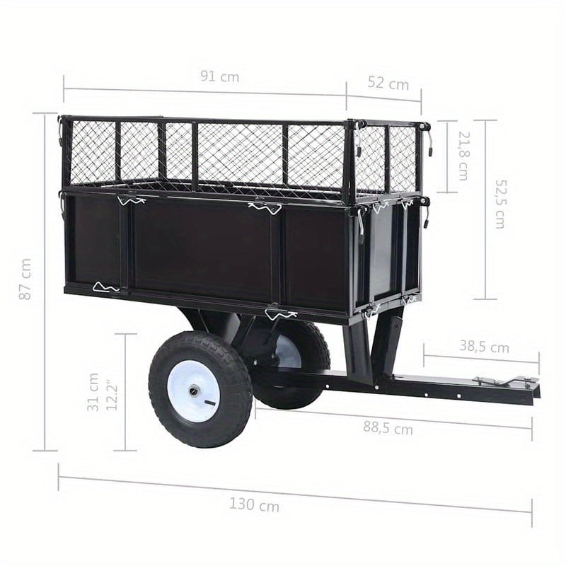 Tuinwagen – Tuinkar – Bolderkar – Transportkar – Tuintrolley – Stevig Stalen Frame – 150 kg Draagkracht – Opblaasbare All-Terrain Wielen – Grote Laadbak 130x52x87 cm – Zwart