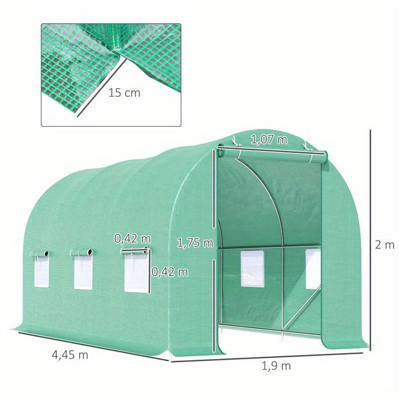 Kweekkas – Broeikas – Tuinkas – Kweektunnel – Serre – Ruime Kweektunnel 445x190x200 cm – Transparante Panelen – Stevig PE Frame