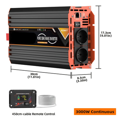 Spanningsomvormer – Omvormer – Inverter – Voltage Converter – Stroomomvormer – 12V 3000W Pure Sinusgolf – LCD Display & Afstandsbediening