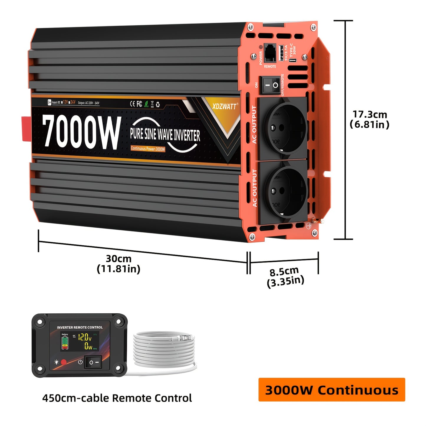 Portable Car Inverter Peak Power 7000W/6000W/4000W/3000W/2000W Power Pure Sine Wave Inverter DC 12V 24V To AC 220V With LCD Display & Remote, 2 EU Sockets | Control Car Power Voltage Converter Power Inverter Multifunction, Wi