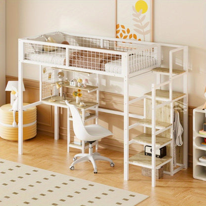Hoogslaper – Kinderhoogslaper – Stapelbed – Eenpersoonsbed – Kinderbed – Met Veiligheidsladder – Metalen Kledingkast en Wit Bureau – 90x200 cm – Ruimtebesparend Design