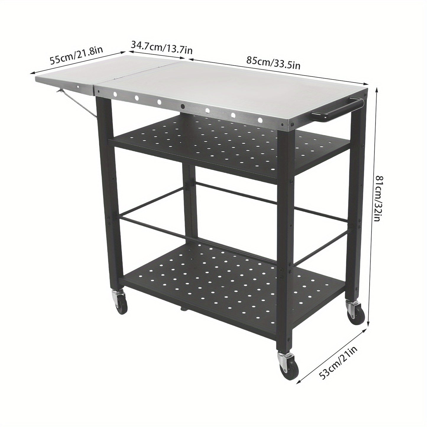 BBQ Trolley – Barbecuewagen – Grillwagen – Buitenkeuken – Campingwagen – 4 Tiers Opbergruimte – RVS Met Universele Wielen Zwart