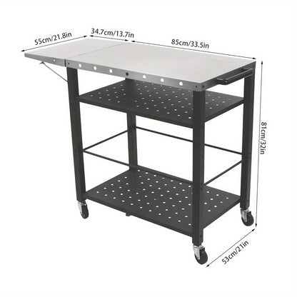 BBQ Trolley – Barbecuewagen – Grillwagen – Buitenkeuken – Campingwagen – 4 Tiers Opbergruimte – RVS Met Universele Wielen Zwart