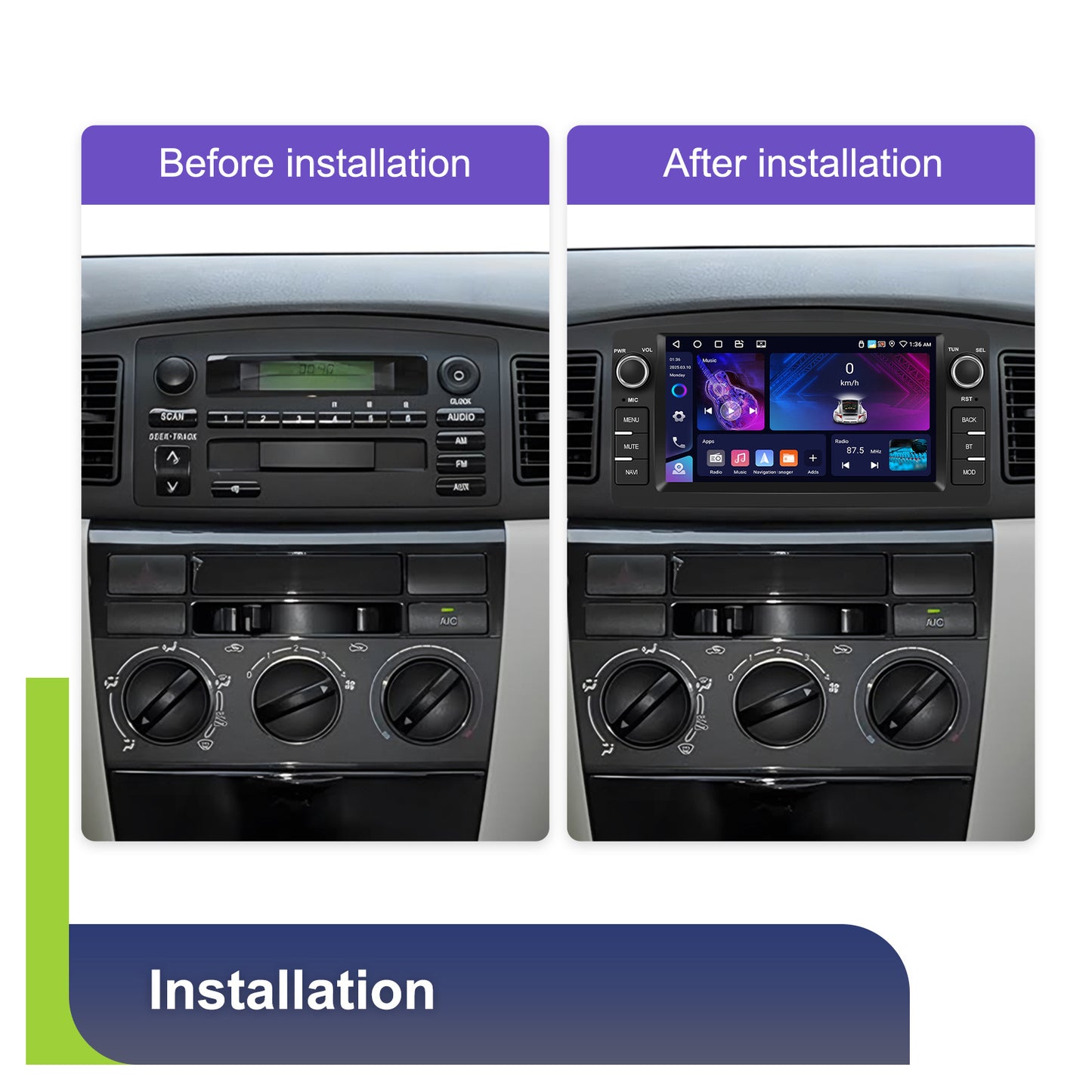 Autoradio Android 15 – 7 Inch Touchscreen – Car Multimedia Systeem – GPS Navigatie – Draadloze CarPlay & Android Auto – 4GB RAM + 64GB Opslag – AI DSP Geluidsoptimalisatie – Compatibel Toyota Corolla E120/E130 2000-2008