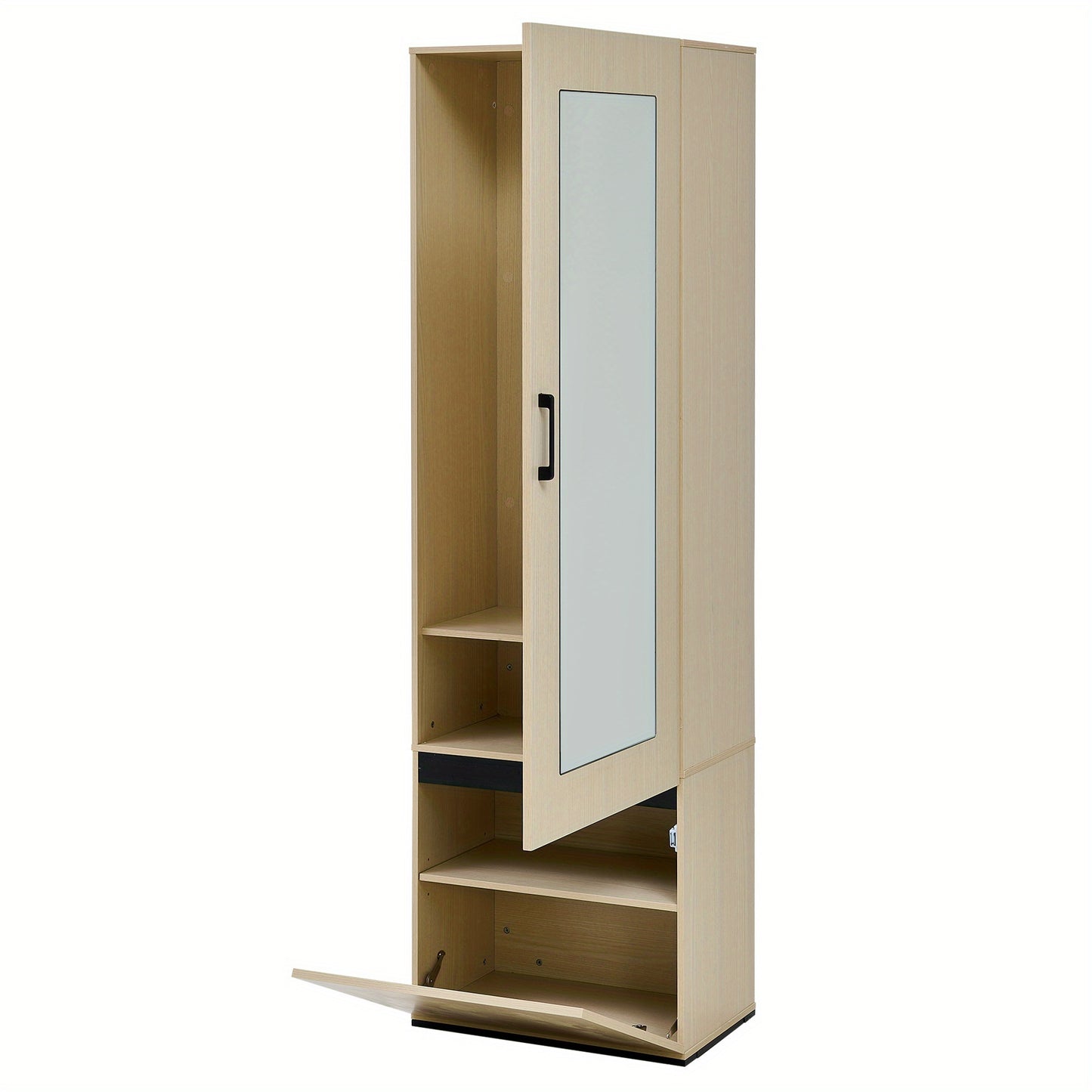 Smalle Kast – Smalle Kledingkast – Smalle Opbergkast – Kapstokkast – Spiegelkast – Houtkleur – Uittrekbare Kledingstang – Ruimtebesparend Design