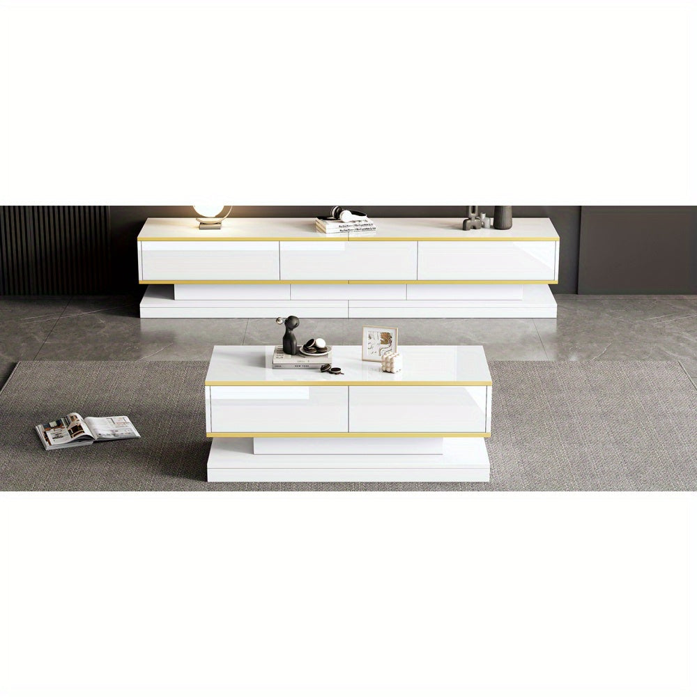 tv-meubel – tv-kast – tv-console – salontafel – woonkamermeubel – Hoogglans Wit Met Gouden Accenten – 3 Laden Tv-meubel & 2 Laden Salontafel