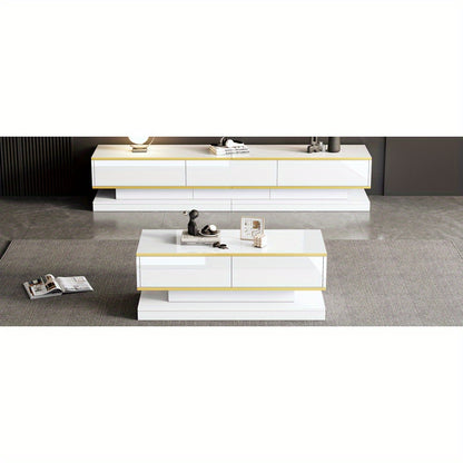 tv-meubel – tv-kast – tv-console – salontafel – woonkamermeubel – Hoogglans Wit Met Gouden Accenten – 3 Laden Tv-meubel & 2 Laden Salontafel