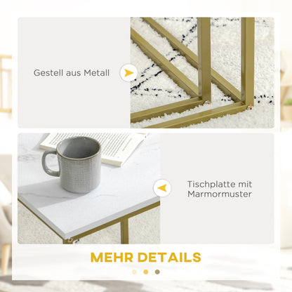 Bijzettafels – Bijzettafel – Salontafel – Tafeltje – Stapelbare Tafels – Wit – Marmerlook Tafelblad – Goudkleurig Metalen Frame