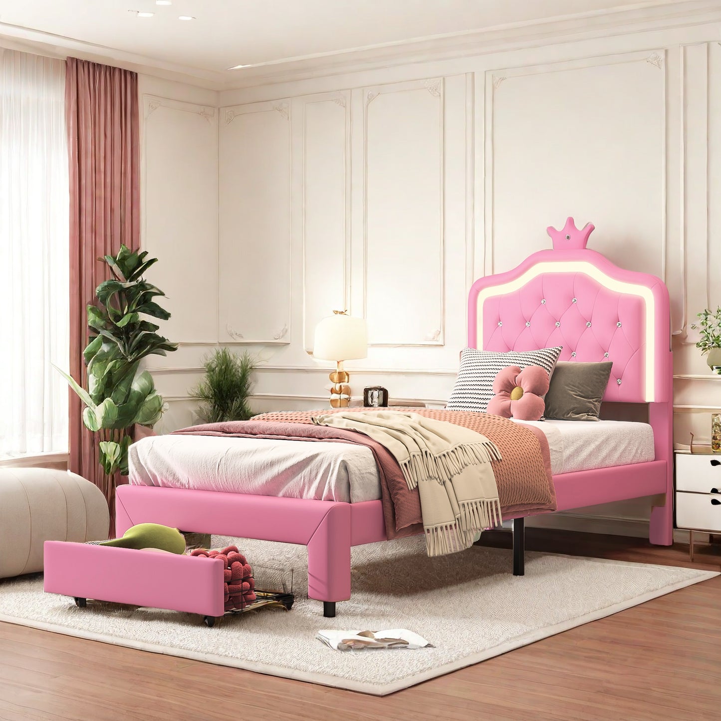 Eenpersoonsbed – Single Bed – Bedframe – Led Bed – Opbergbed – Roze PU-Leder – Verstelbaar Hoofdbord – LED-Verlichting met Afstandsbediening