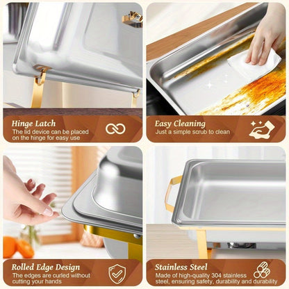 Chafing Dish Set – Buffet Warmhouder – Food Warmer – Warmhoudbak – Catering Schaaltje – 4-Delige Set – Goud RVS – 8 Liter Inhoud