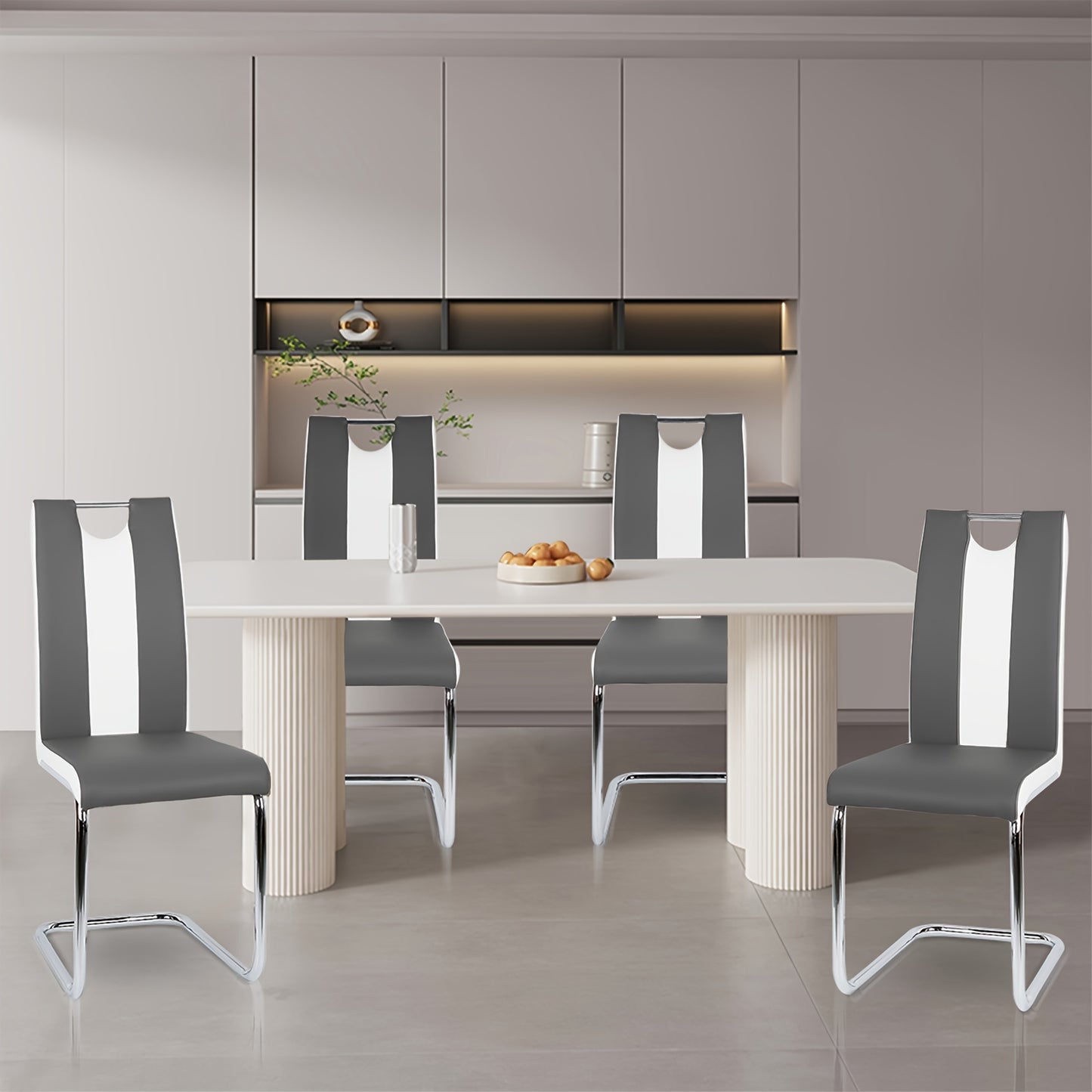 4pcs Modern PU Leather Dining Chair Set - White & Grey Wingback Armless Chairs with Grey, Sturdy Frame & Easy-Clean Faux Leather, Contemporary Minimalist Furniture for Home, Office, Restaurant (Compatible with Hard Floors) -