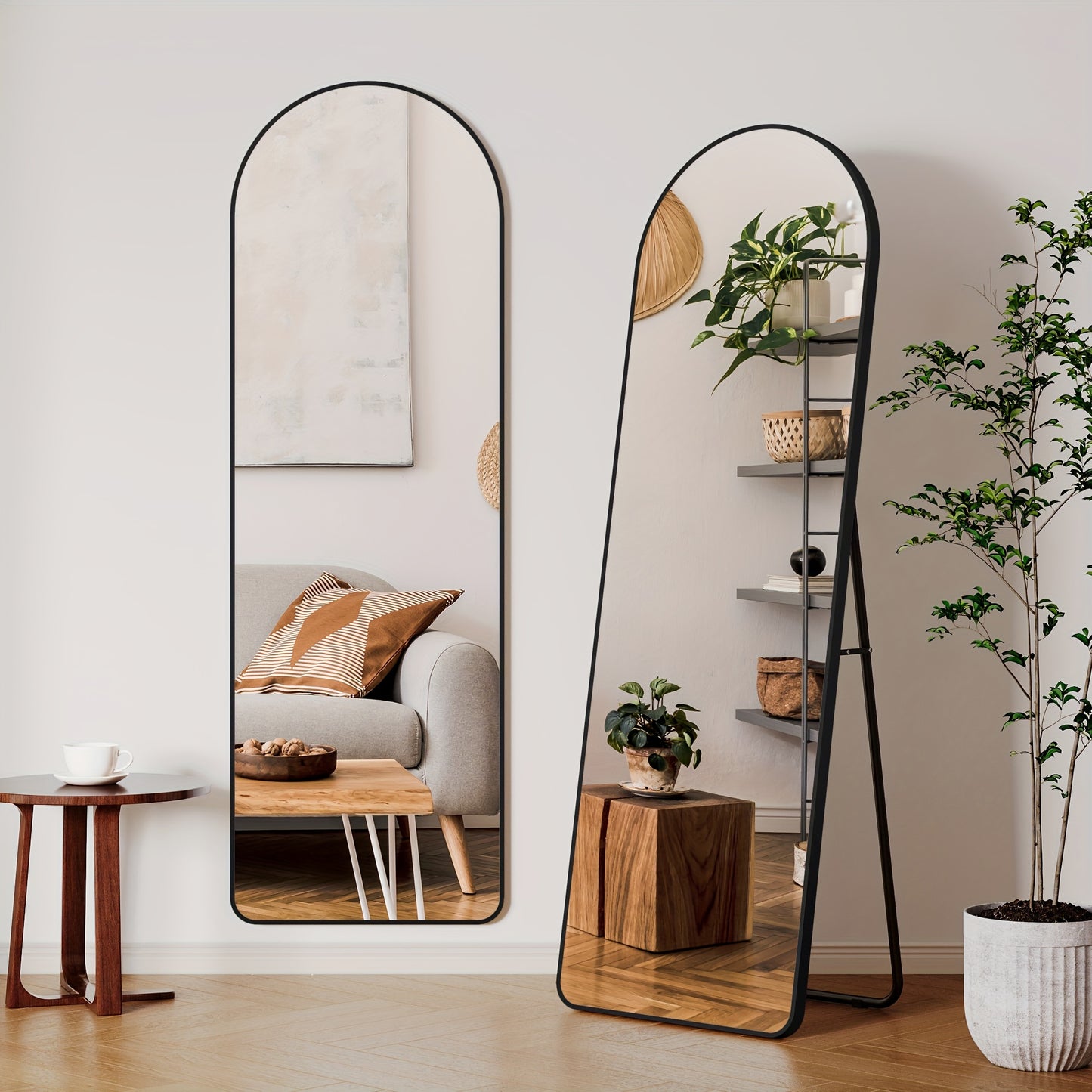 Stylish Elegance| Elegant Full-Length Curved Mirror with Metal Frame - 162.56cm x 53.34cm HD Wall Mirror, Black, with Hooks for Living Room, Bedroom, Dressing Room, Bathroom, Hallway - Classic Style, Vertical Orientation, Mir