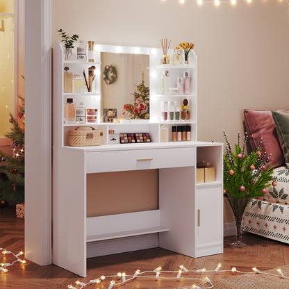 Make-uptafel – Kaptafel – Make-up Bureau – Dressoir – Vanity Desk – Verstelbare LED-Verlichting – Ruime Opbergruimte Met Lades En Kastje