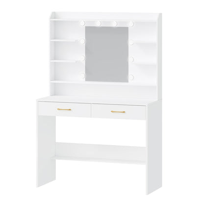 Kaptafel – Make-up Tafel – Cosmeticatafel – Sieradentafel – Opbergtafel – Verstelbare LED Spiegelverlichting – 2 Ruime Lades – Wit – Duurzaam Houtmateriaal
