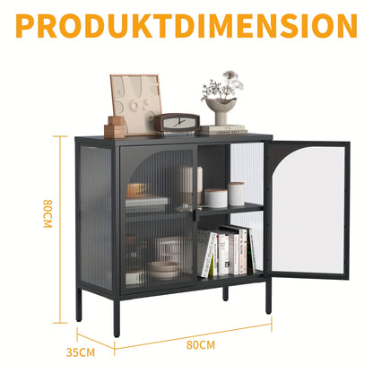 Living Room Bedroom Kitchen Metal Sideboard, Accent Storage Cabinet with 2 Glass Doors and Adjustable Shelves for Coffee Bar or Hallway Decor - H80cm×W80cm×D35cm
