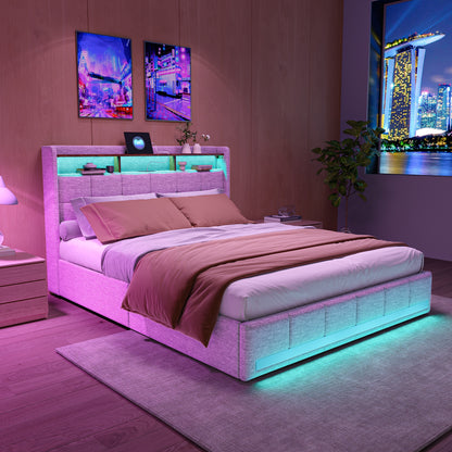 Double Bed with Storage, LED Lighting, 4 Drawers, Storage Function, USB Charging, Quick Assembly, Metal And Linen Bed Frame, Classic, for Adults, Ideal for 8Mj4Txd Bedroom.