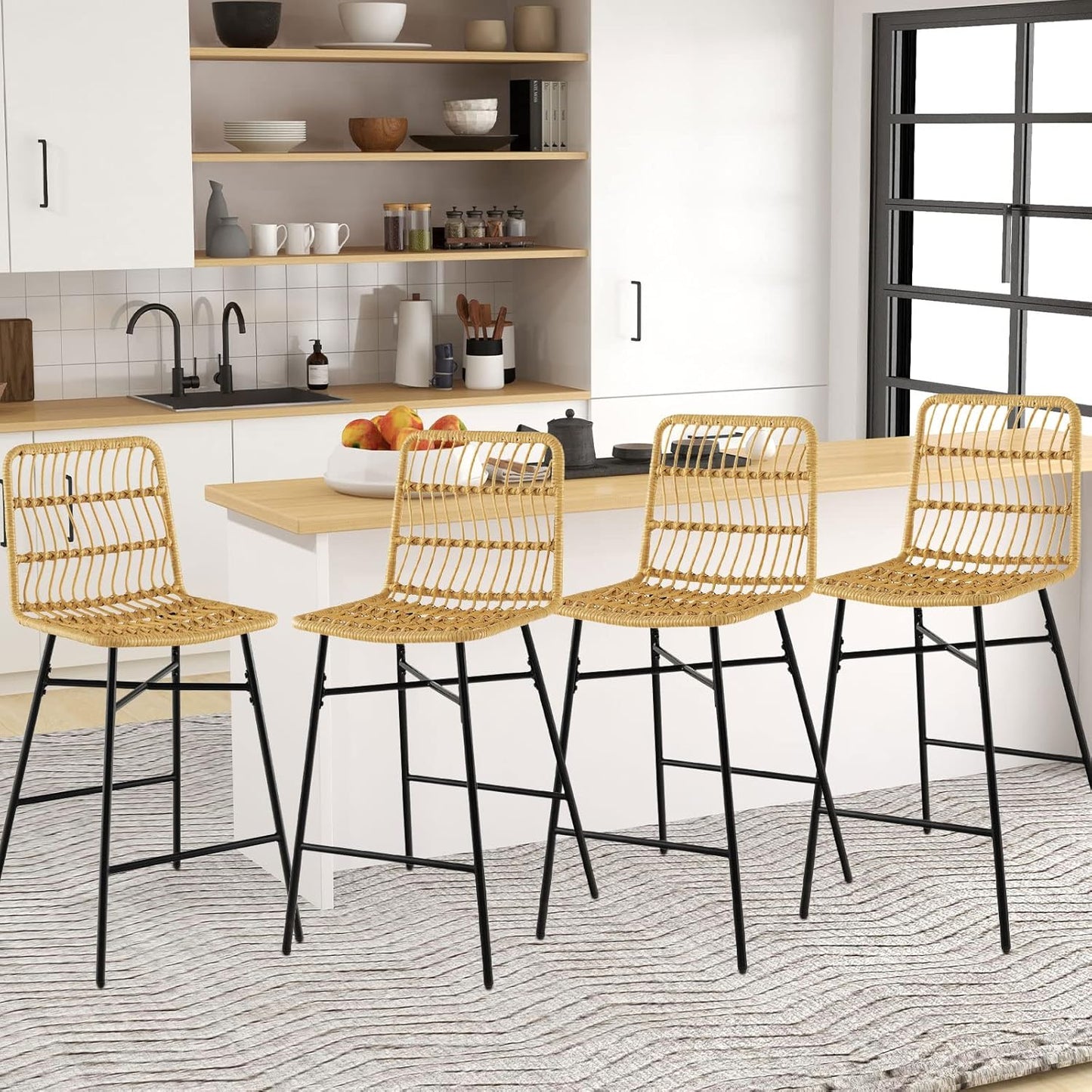 Barkrukken – Barstoelen – Keukenstoelen – Barstoelen Met Rugleuning – Barkrukken Met Voetensteun – Geel PE Rattan – Met Stabiel Metaal Frame – Zithoogte 69 cm