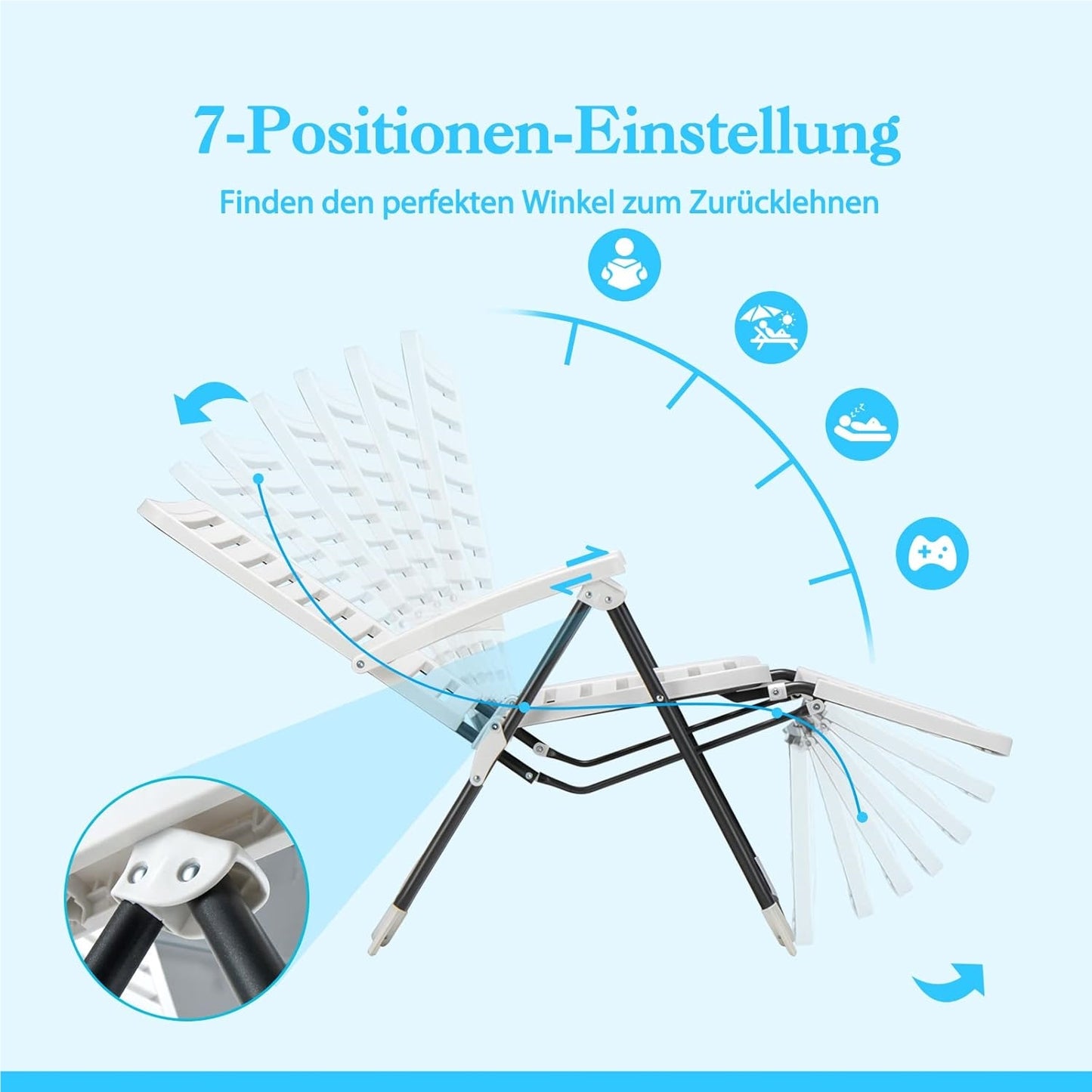 Ligstoel – Zonnebed – Tuinstoel – Relaxstoel – Strandstoel – 7-Posities Verstelbaar – Weerbestendig Wit