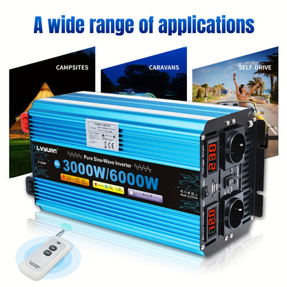 Power Inverter – Spanningsomzetter – Omvormer – DC naar AC Converter – 12V Variant – Pure Sinusgolf – 3000W Continuvermogen – 2 AC Stopcontacten – LED Display – Metalen Behuizing