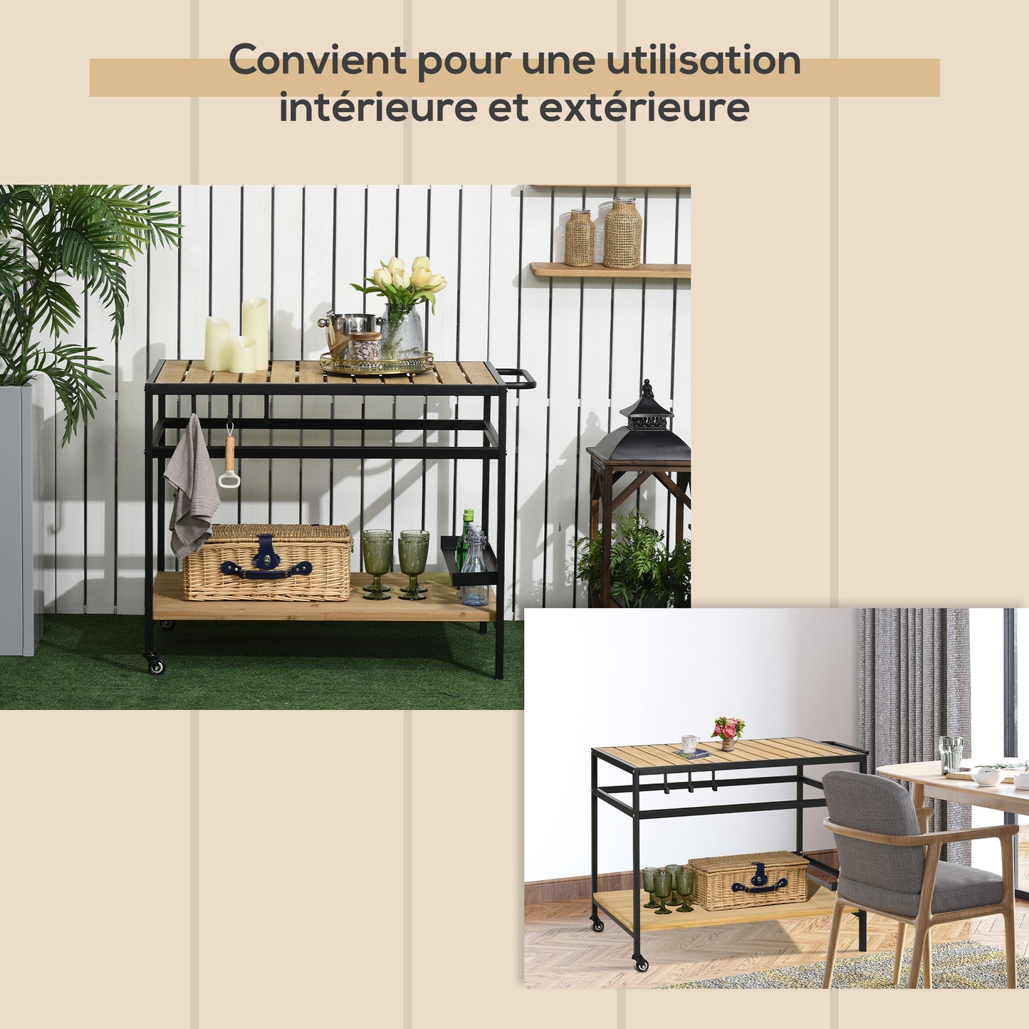 Barbecuewagen – Barbecuetrolley – Grillwagen – BBQ Kar – Serveerwagen – Natuurlijk Hout En Metaal – 2 Ruime Planken & 3 Haken – 107x65x80 cm