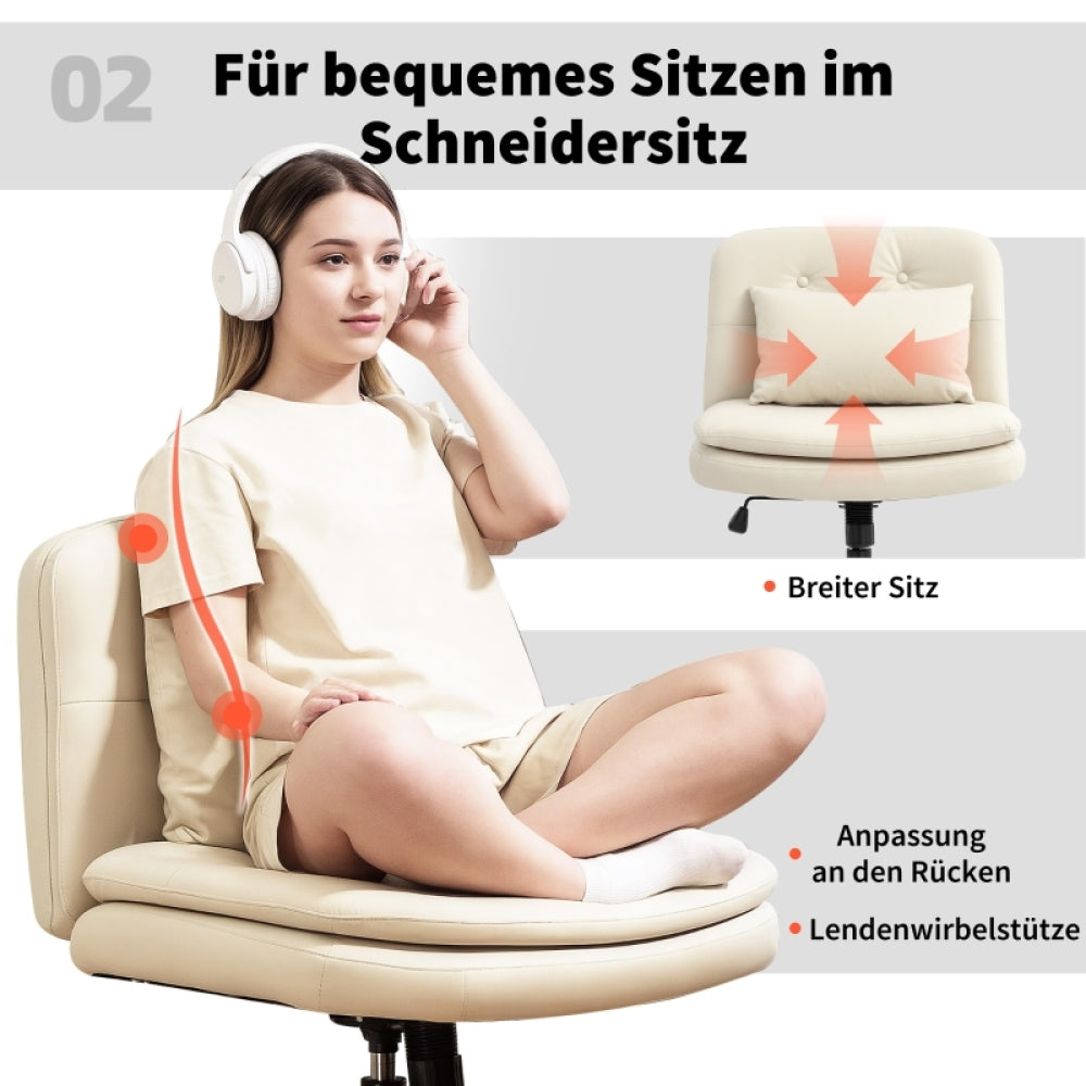 Bureaustoel – Kantoorstoel – Office Chair – Draaistoel – Bureaustoelen – Verstelbaar in Hoogte – Kunstleren Bekleding – Ergonomische Lendensteun – Zonder Armleuningen – Beige – Met Wieltjes – Met Extra Kussen – Met Voetensteun – Stabiel Metalen Onderstel